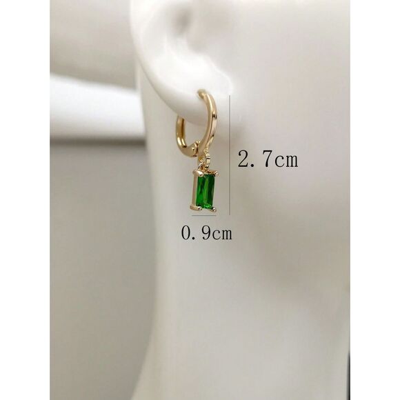 Emerald Cut Ruby Red Glass Earrings Dangle Drop Goldtone Hoop Delicate Feminine - Picture 6 of 7